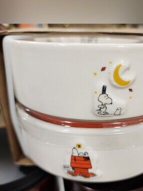 Rae Dunn White Ceramic Snoopy Pet Bowl Set with Yellow Moon & Red Doghouse Trim